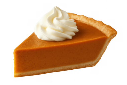 Pumpkin pie slice with swirling whipped cream, showcasing seasonal dessert against transparent background for holiday culinary designs