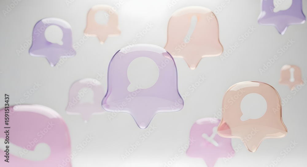 Poster floating pastel-colored chat bubbles with speech bubbles, creating a visual display