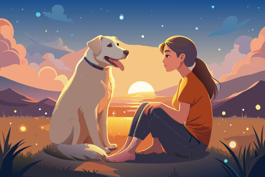Girl sitting beside her dog, hugging her — evening light and peace