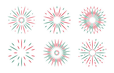 Green red Fireworks set. New Year decoration in flat style. Radiant simple sparks for banner, poster, flyer, greeting card. Explosion decorative elements. Independence day.