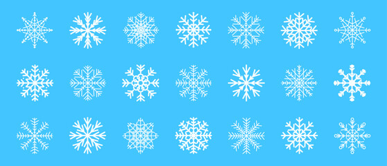 Set of Snowflakes Christmas design. Simple white Snow icons. Snow flakes template. Winter frozen ice element. Cold nature decoration for holiday poster banner card.