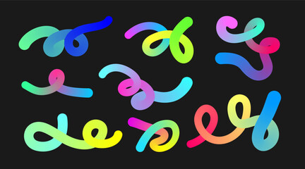 Colorful Rainbow Abstract Gradient Shapes Set. Vector Graphic Pattern with Wavy Lines in Bright Colors. Fluid Wave Elements of Colorful Squiggly Designs