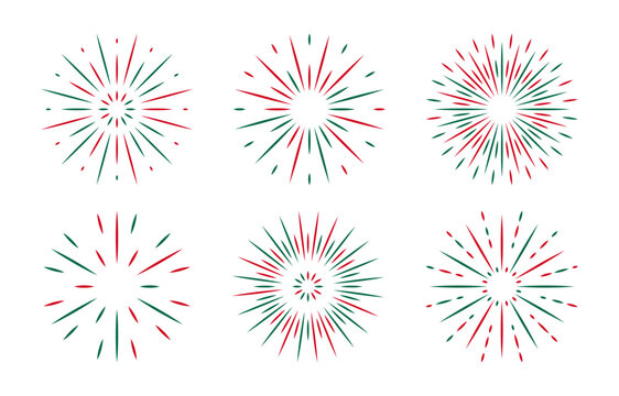 Green red Fireworks set. New Year decoration in flat style. Radiant simple sparks for banner, poster, flyer, greeting card. Explosion decorative elements. Independence day.