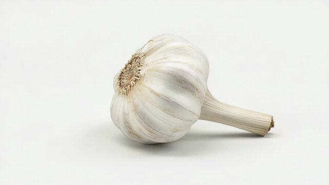 A close-up view of a garlic head on a white surface, great for use in food or kitchen-themed images
