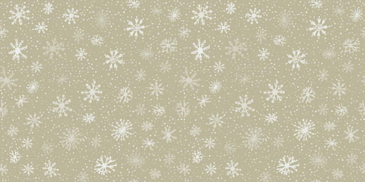 Winter Snowflakes Seamless Pattern on pastel gold background. Christmas hand drawn white snow element. Cute soft New year texture for print, wrapping paper, design, fabric, decor, gift, banner.