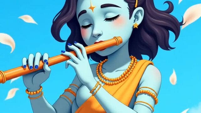 A cute illustration of the adorable lord krishna playing flute, blue background, blue and orange theme
By Lubek