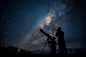 Father and Child Stargazing with Telescope under Milky Way - Night Sky Astronomy Silhouette Scene