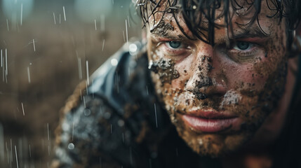 Close-up portrait of a man with a muddy face under rain. Intense expression, wet hair, and dramatic lighting capture raw emotion and athletic determination