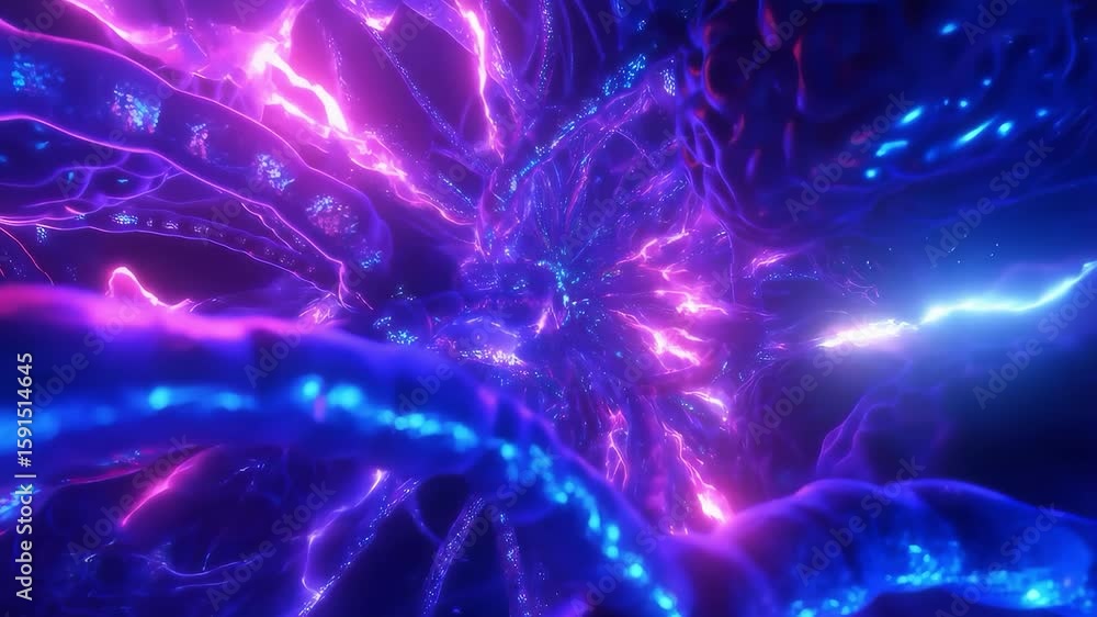 Poster abstract energy explosion with flowing purple and blue light waves, digital particle effects and cos