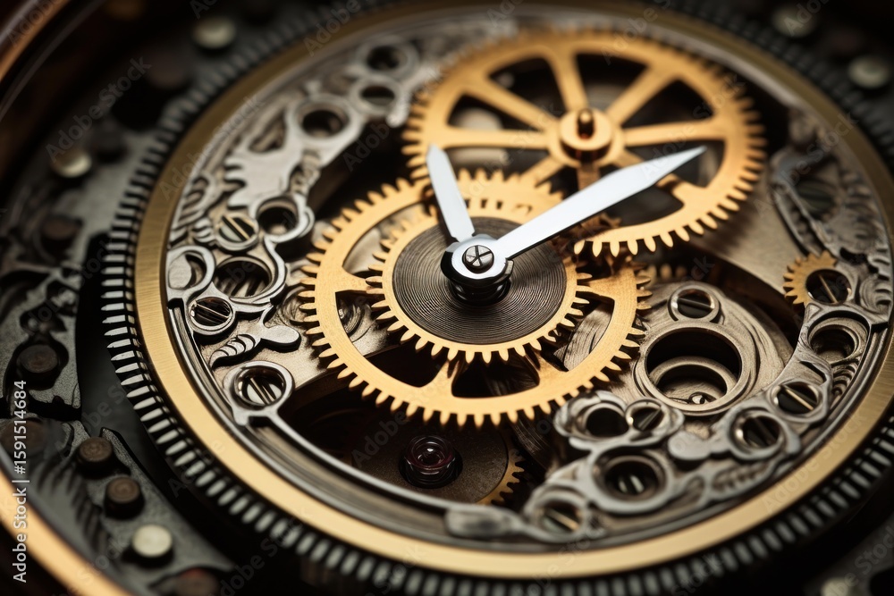 Poster intricate clockwork mechanism with rotating gears, showcasing the passage of time in a luxury watch