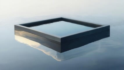 Minimalist square pool of water floating above a reflective surface, creating a serene and abstract visual. Concept of modern architecture and calm environment