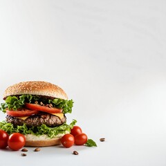 Big grilled cheeseburger with lettuce tomato and cherry tomatoes on white background
