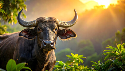 Naklejka premium Majestic Oxpecker on African Buffalo in Lush Natural Habitat