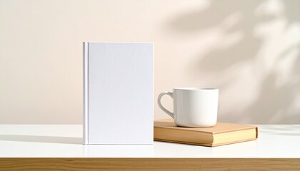 Neutral morning setup with hardcover and coffee cup, a peaceful concept of daily rituals