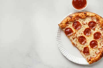 Pepperoni pizza slice marble table top view fast food takeaway italian