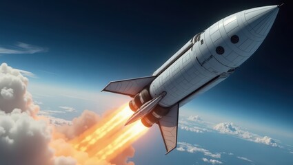 Obraz premium Rocket launching into space, with plumes of fire.