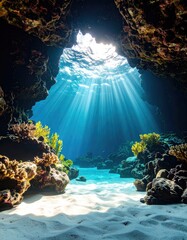 Sunlight streams through an underwater cave