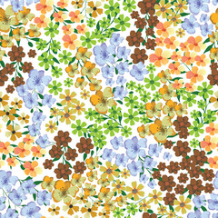 Colorful botanical pattern with orange, blue, and yellow flowers on a white background