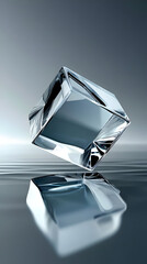 A clear, glassy cube, seemingly suspended in mid-air, reflecting light beautifully on a mirrored surface