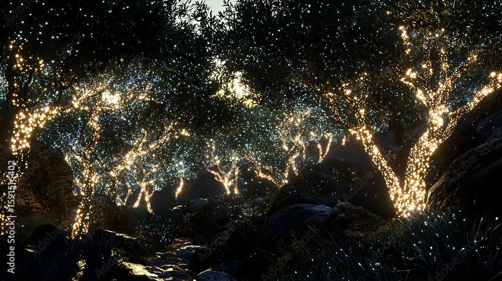 Poster illuminated olive trees in a dark, serene landscape. twinkling lights trace the branches, creating a