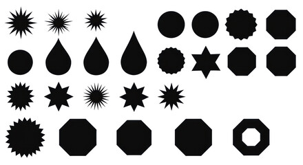 Diverse minimalist black graphic design elements: spiked starbursts, circles (one with white outline, one with starburst cutout), teardrop, stars, hexagon, octagon, decagon, arranged in two rows on