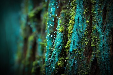 Close Up Of Mossy Tree Bark With Turquoise And Green Details