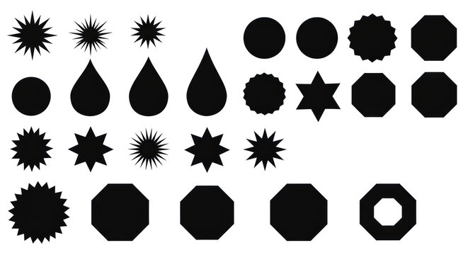 Diverse minimalist black graphic design elements: spiked starbursts, circles (one with white outline, one with starburst cutout), teardrop, stars, hexagon, octagon, decagon, arranged in two rows on