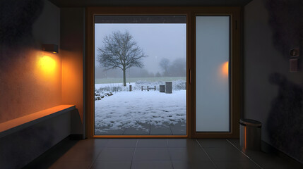 Interior hallway view of a snowy scene outside.  Warm indoor lighting contrasts with the foggy, snowy exterior through a large glass door. A small tree and park bench are visible beyond the snow