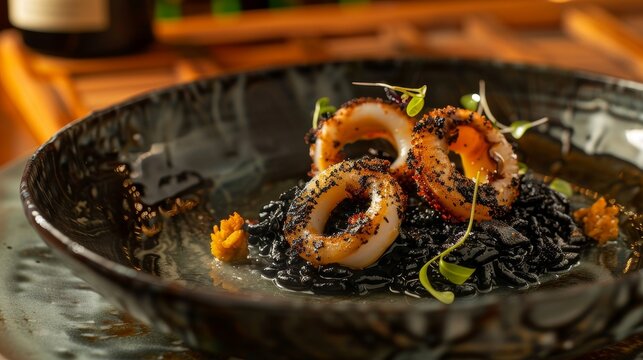 A bowl features black rice topped with grilled squid rings garnished with sprouts and orange paste