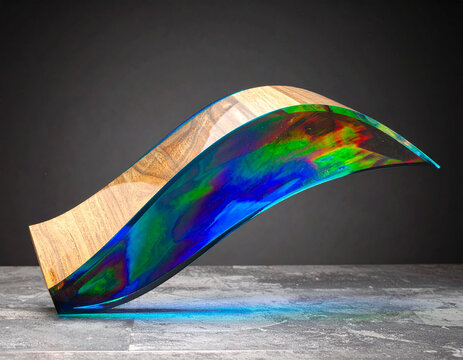 A modern, wavy art sculpture combines natural wood with a vibrant, iridescent blue and green resin element, casting a subtle glow, symbolizing fluid design, innovation, and artistic craftsmanship.