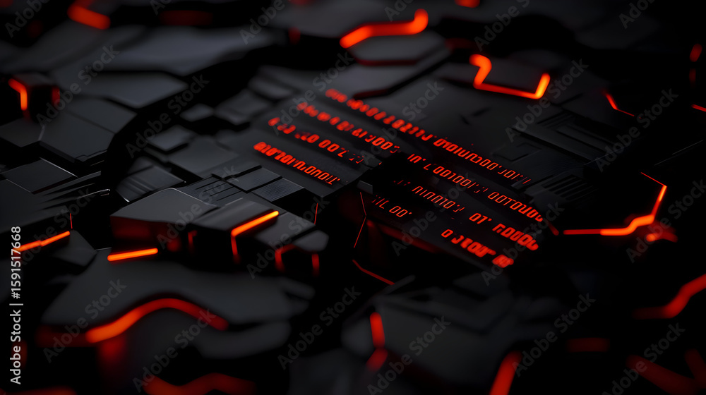Poster abstract, futuristic, technological design with dark gray, black geometric shapes, illuminated by br