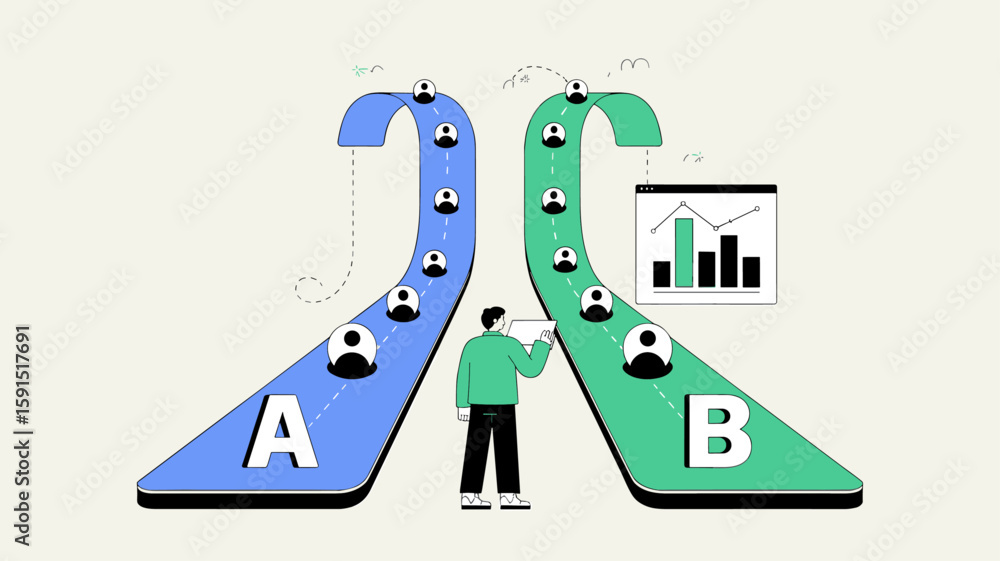 Poster analyst comparing two user paths in an a b test vector illustration, user experience research and co