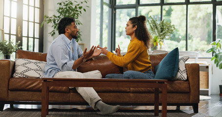 Home, fighting and couple on couch, argument and relationship with divorce, affair and angry....