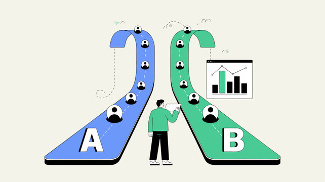 analyst comparing two user paths in an a b test vector illustration, user experience research and conversion rate optimization