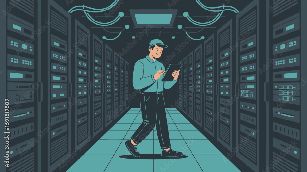 Poster network engineer with tablet walking in server room vector illustration, data center management, net