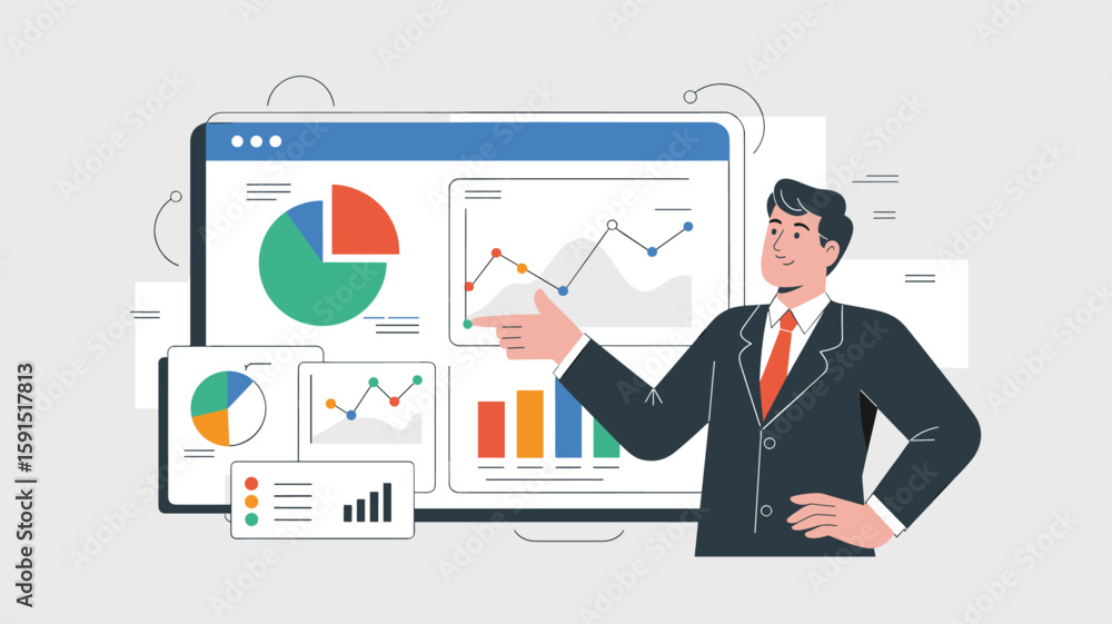Poster business analyst presenting a kpi dashboard with charts and graphs vector illustration, data visuali