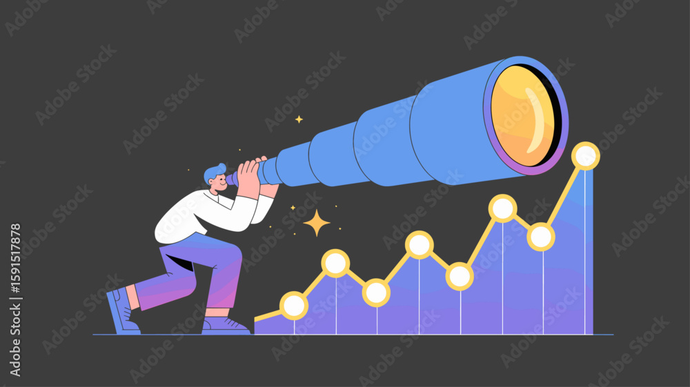 Poster analyst looking through telescope at rising graph vector illustration, predictive analytics, financi
