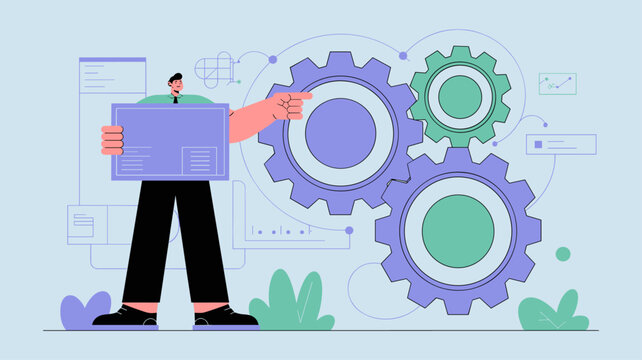 it manager holding a blueprint and managing a gear mechanism vector illustration, it governance frameworks, process automation and system integration