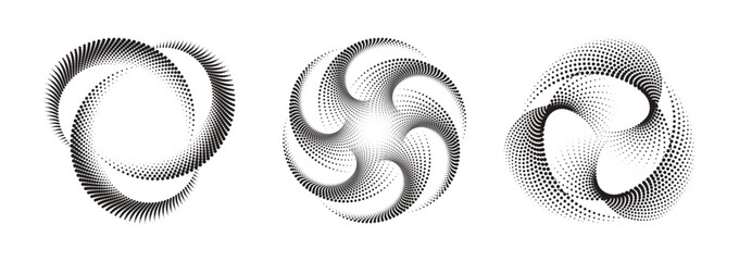 Vortex forms, abstract halftone dot pattern series, a geometric spiral stylish design elements, well-suited for framing, circular icons, signage, and symbols.