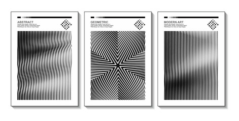 Abstract linear modern geometric optical art designs, a stylish collection of vector illustrations ideal for journal covers, magazine layouts, album art, banners, and creative template designs.