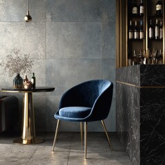 Modern bar area with blue velvet chair