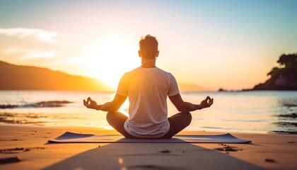 Man meditating on beach at sunrise