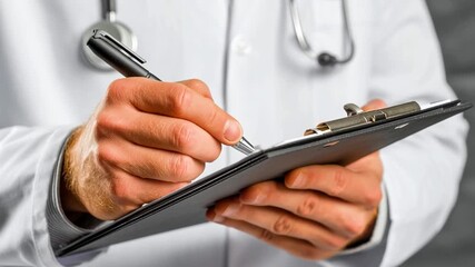 Doctor writing notes on a clipboard - Powered by Adobe