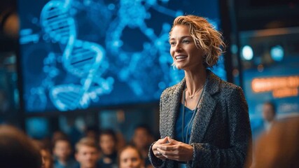 Scientist presenting groundbreaking research to audience at conference