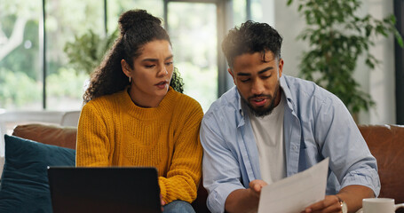 Financial analysis, home and couple with documents, talking or discussion with information or...