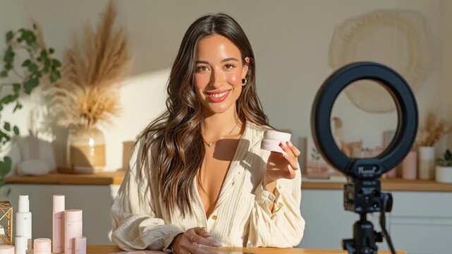 Young woman presenting beauty products during an online makeup tutorial