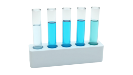 Laboratory glassware test tubes filled with blue solutions on transparent scene