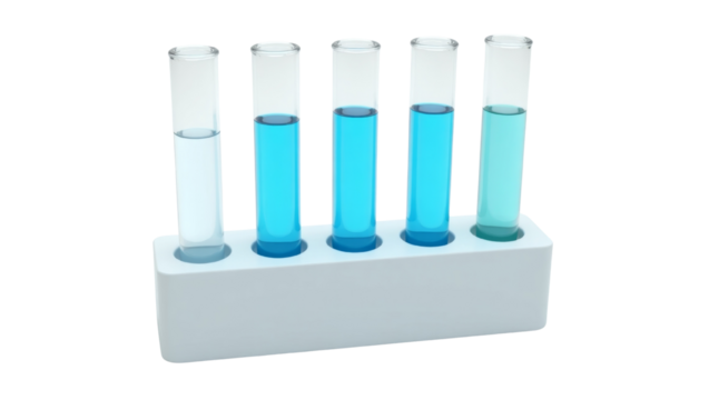 Laboratory glassware test tubes filled with blue solutions on transparent scene