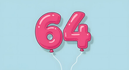 Pink Balloon Numbers Sixty Four on Light Blue Background