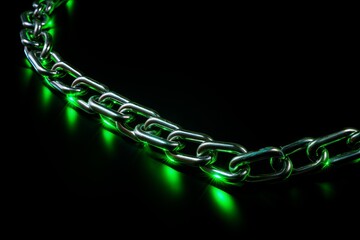 Metal chain glowing green on dark background representing blockchain technology